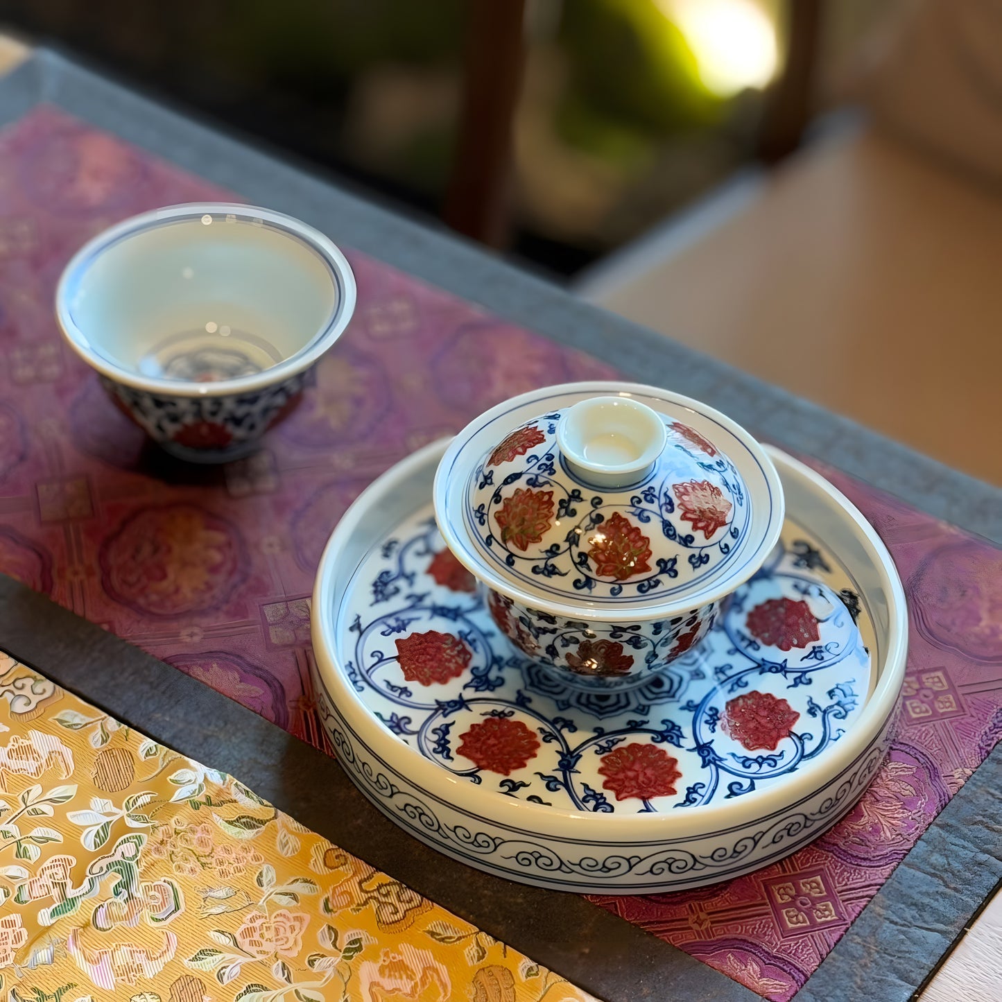 Underglaze-blue and copper-red-decorated tea sets