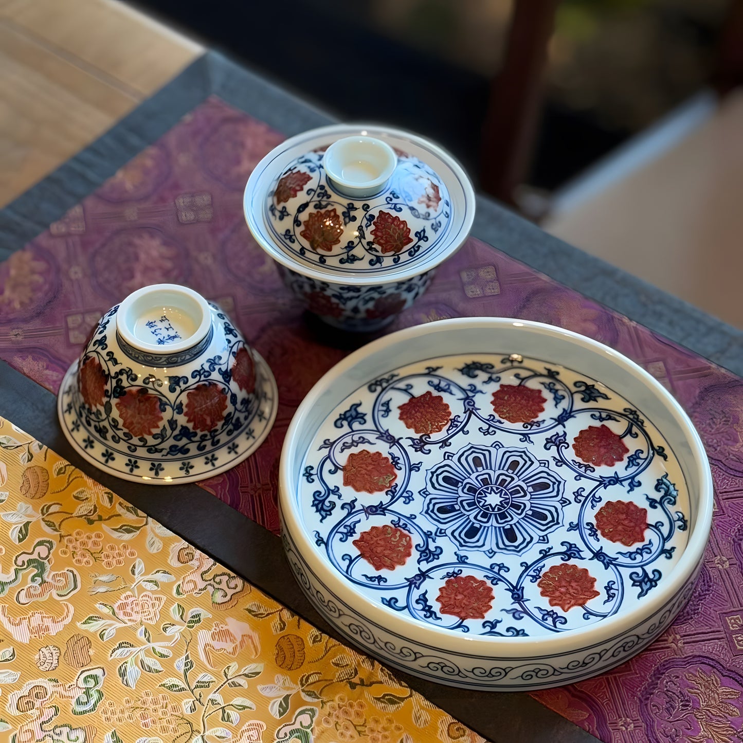 Underglaze-blue and copper-red-decorated tea sets