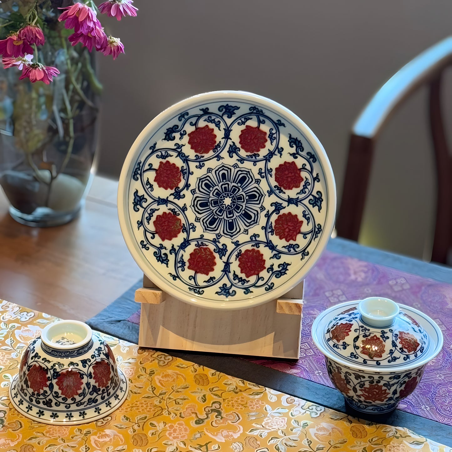 Underglaze-blue and copper-red-decorated tea sets