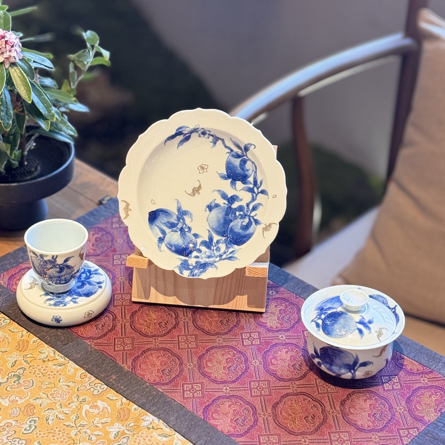 Blue-and-White Three-Piece Set with Longevity Peach Motifs and Gilt Accents