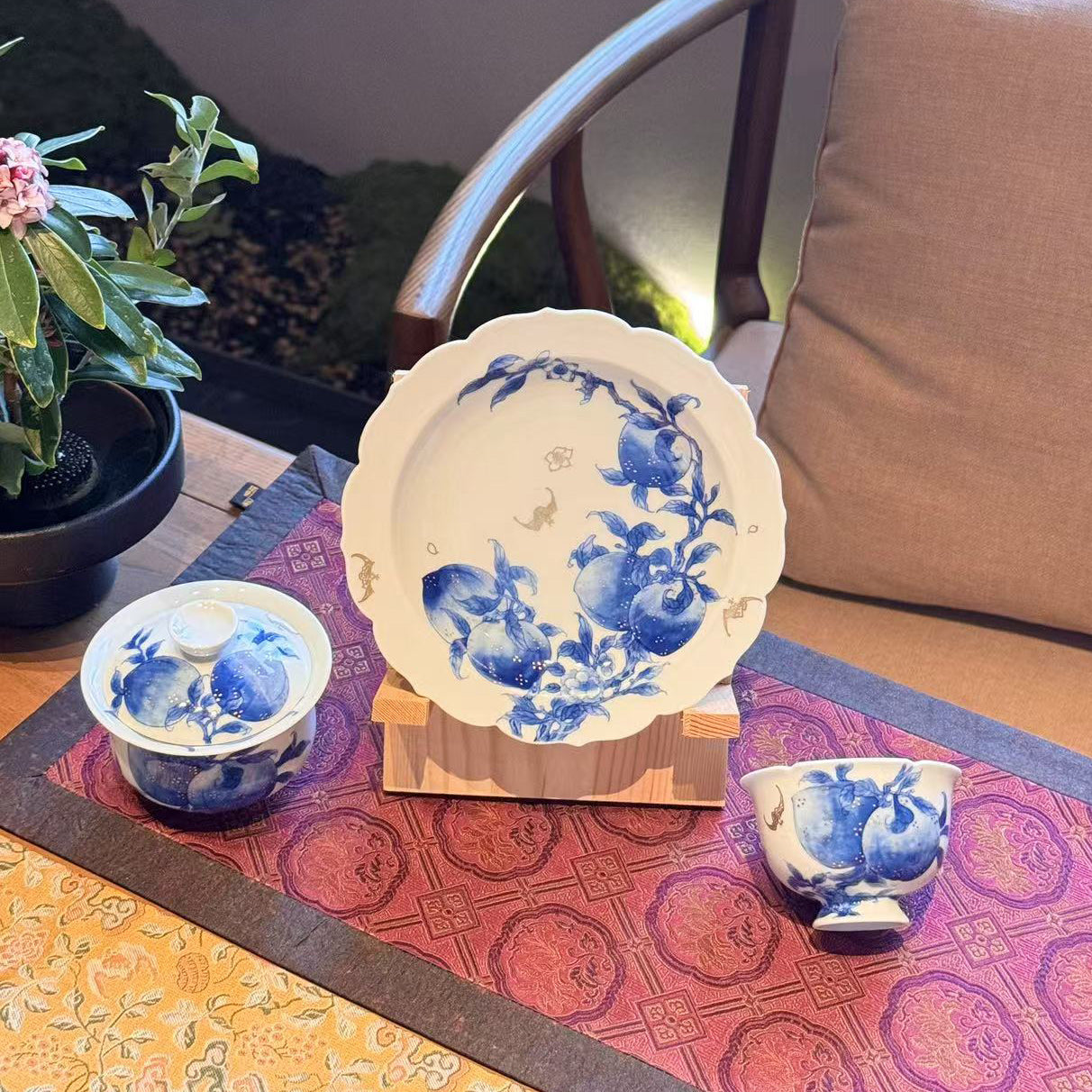 Blue-and-White Three-Piece Set with Longevity Peach Motifs and Gilt Accents